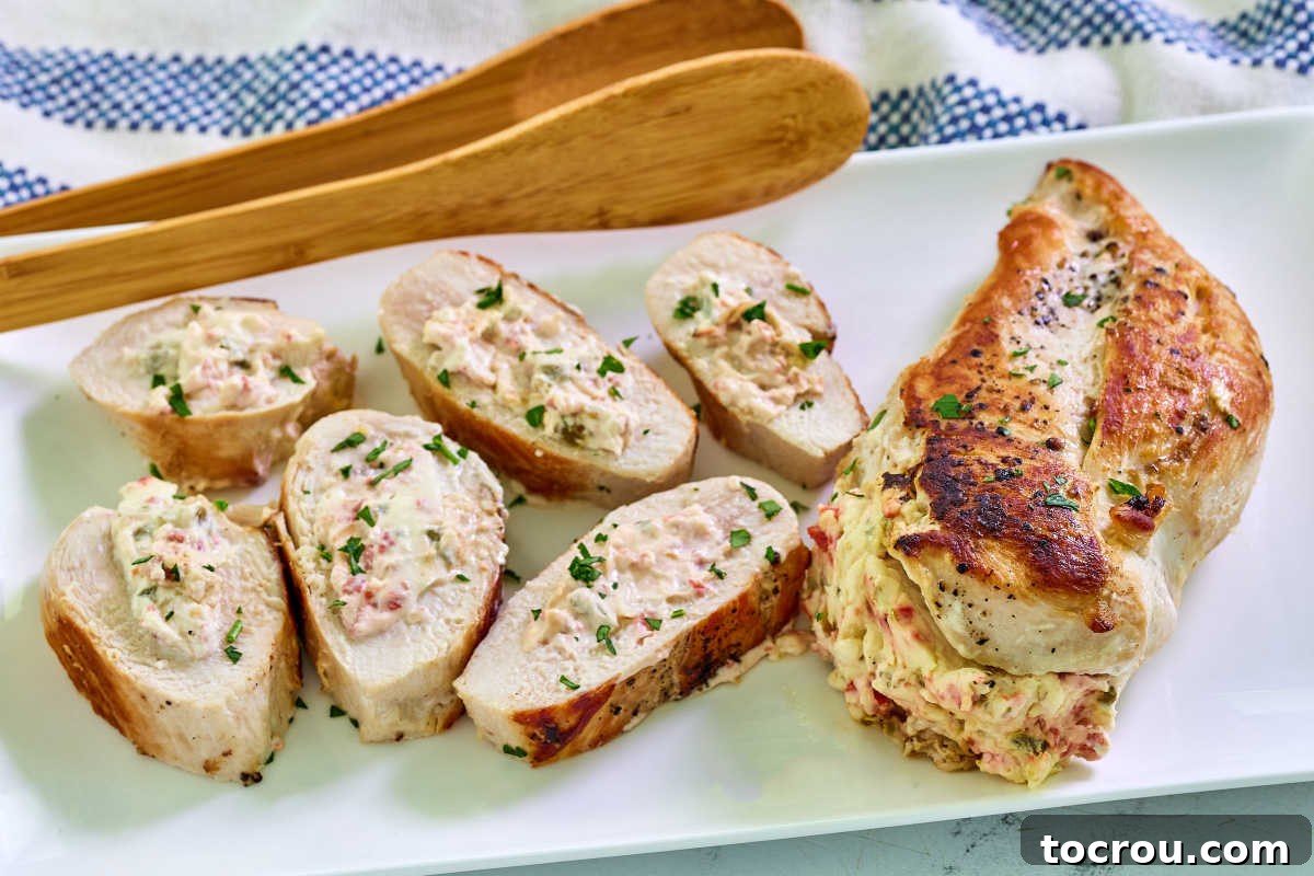 Creamy Jalapeno Popper Chicken 2 Platter with a jalapeno popper stuffed chicken breast with browned exterior next to sliced chicken breast showing creamy filling with bits of jalapenos and bacon inisde.