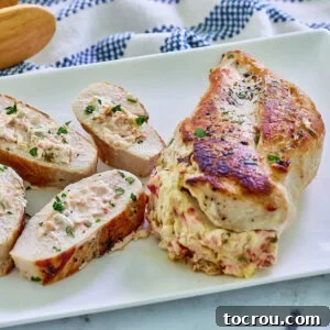 Creamy Jalapeno Popper Chicken 9 Chicken breast stuffed with jalapeno and cream cheese mixture next to sliced jalapeno stuffed chicken breast showing filling inside juicy chicken.