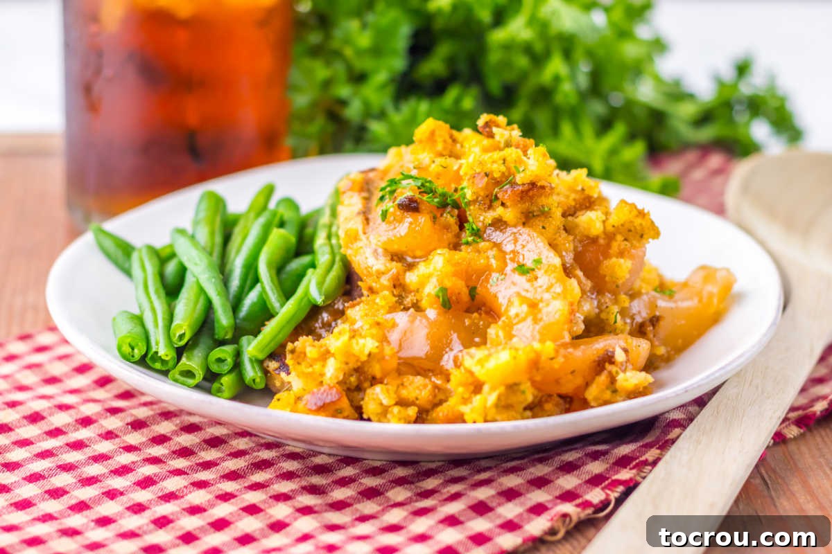 Looking across a plate piled high with crockpot pork chops with apples and cornbread stuffing served with green beans with a glass of iced tea in the background. 