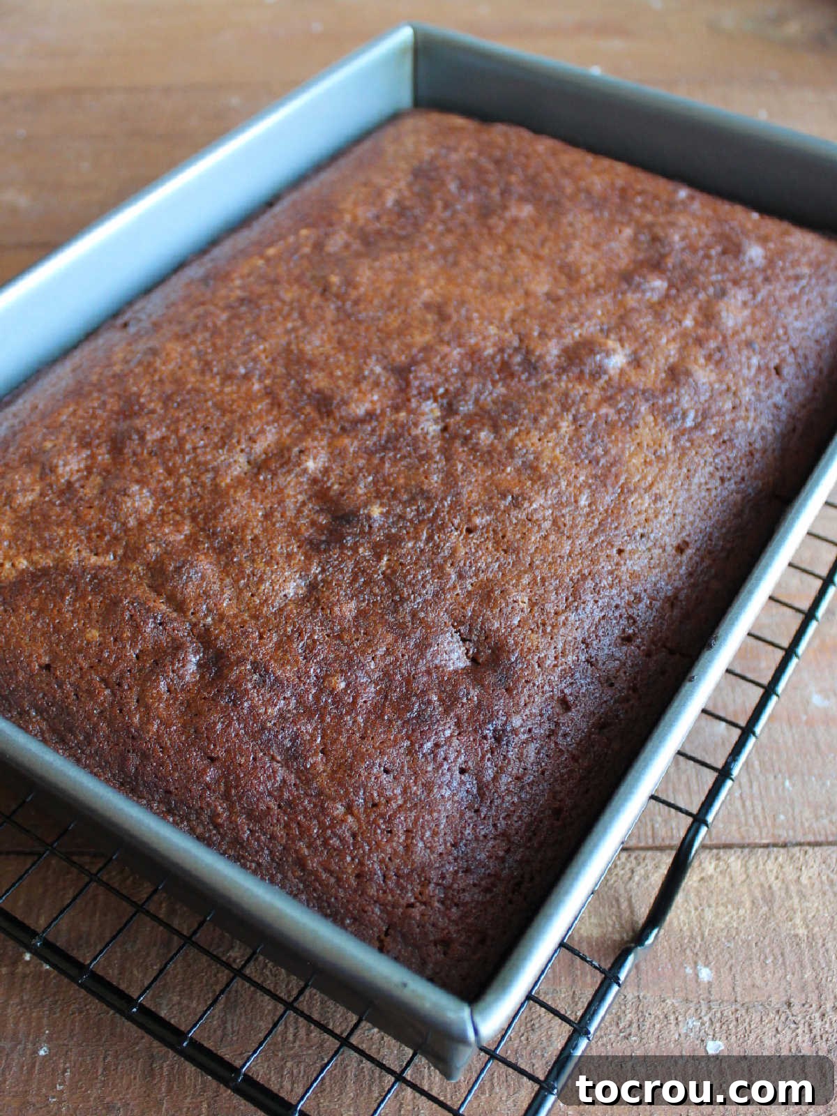 A perfectly baked spiced applesauce cake, showcasing its beautiful puffy volume and a rich, darker brown color, indicating deep flavor.