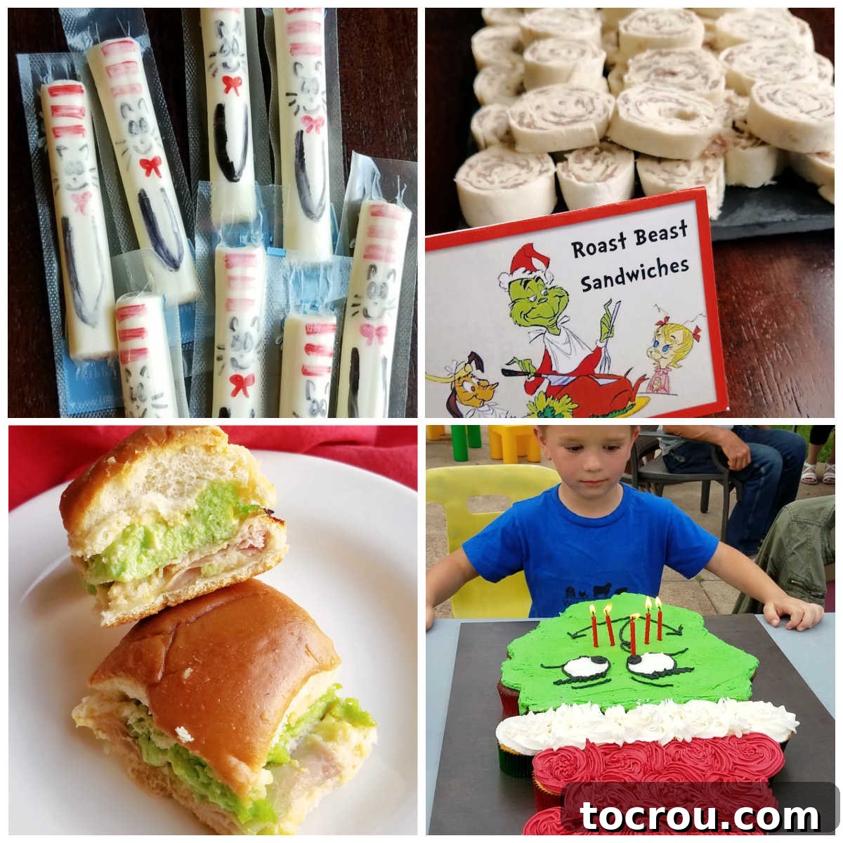 Dr. Seuss Birthday Party Collage Collage of pictures from a DIY Dr. Seuss themed birthday party including food and decorations.