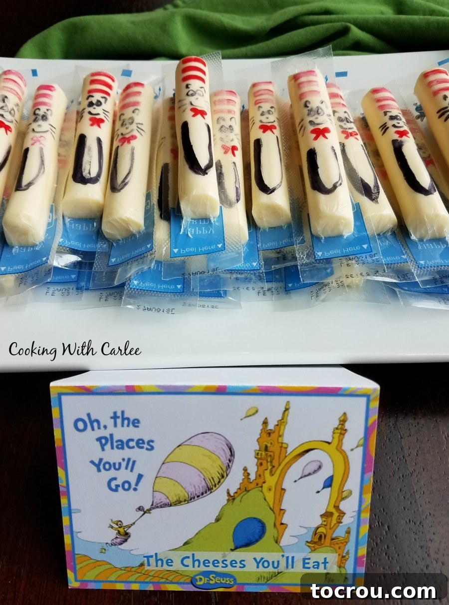 Cat in the Hat Cheese Platter Platter of Cat in the Hat themed string cheese sticks, arranged for a party.