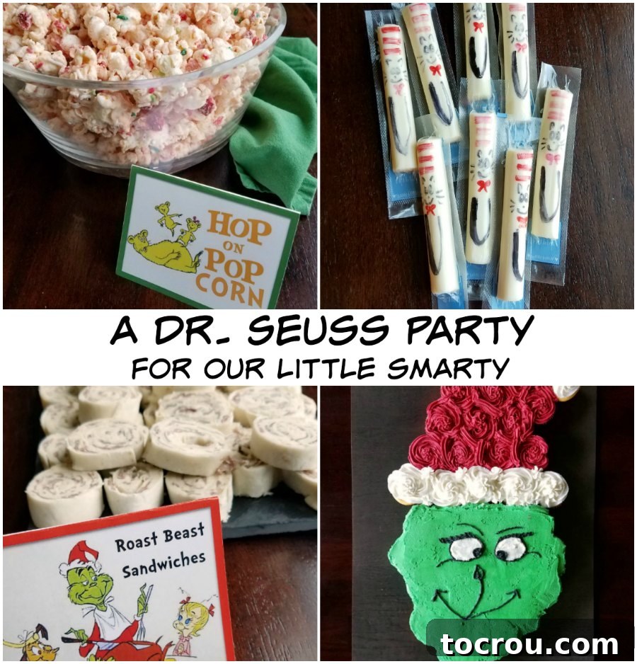Dr. Seuss Party Moments Collage of images from a Dr. Seuss birthday party featuring festive food and decor.