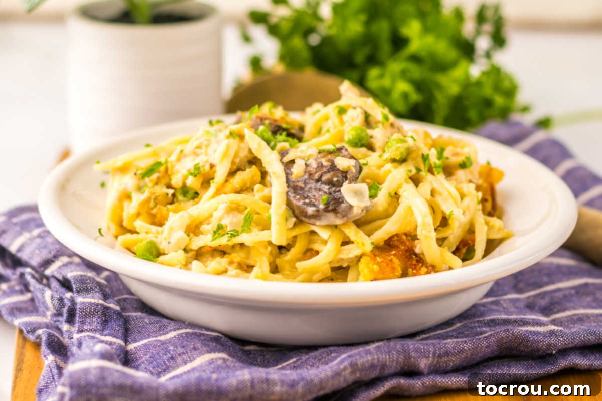 Bowl of turkey tetrazzini with linguini in creamy parmesan sauce with chunks of turkey, mushrooms, and peas, ready to eat.