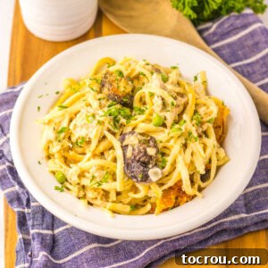 Plate of turkey tetrazzini with bits of leftover turkey, peas, and mushrooms in a creamy sauce with pasta.