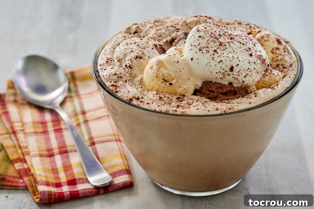 Punch glass filled with creamy old-fashioned coffee punch topped with small scoops of chocolate and vanilla ice cream, fresh whipped cream, and chocolate shavings.