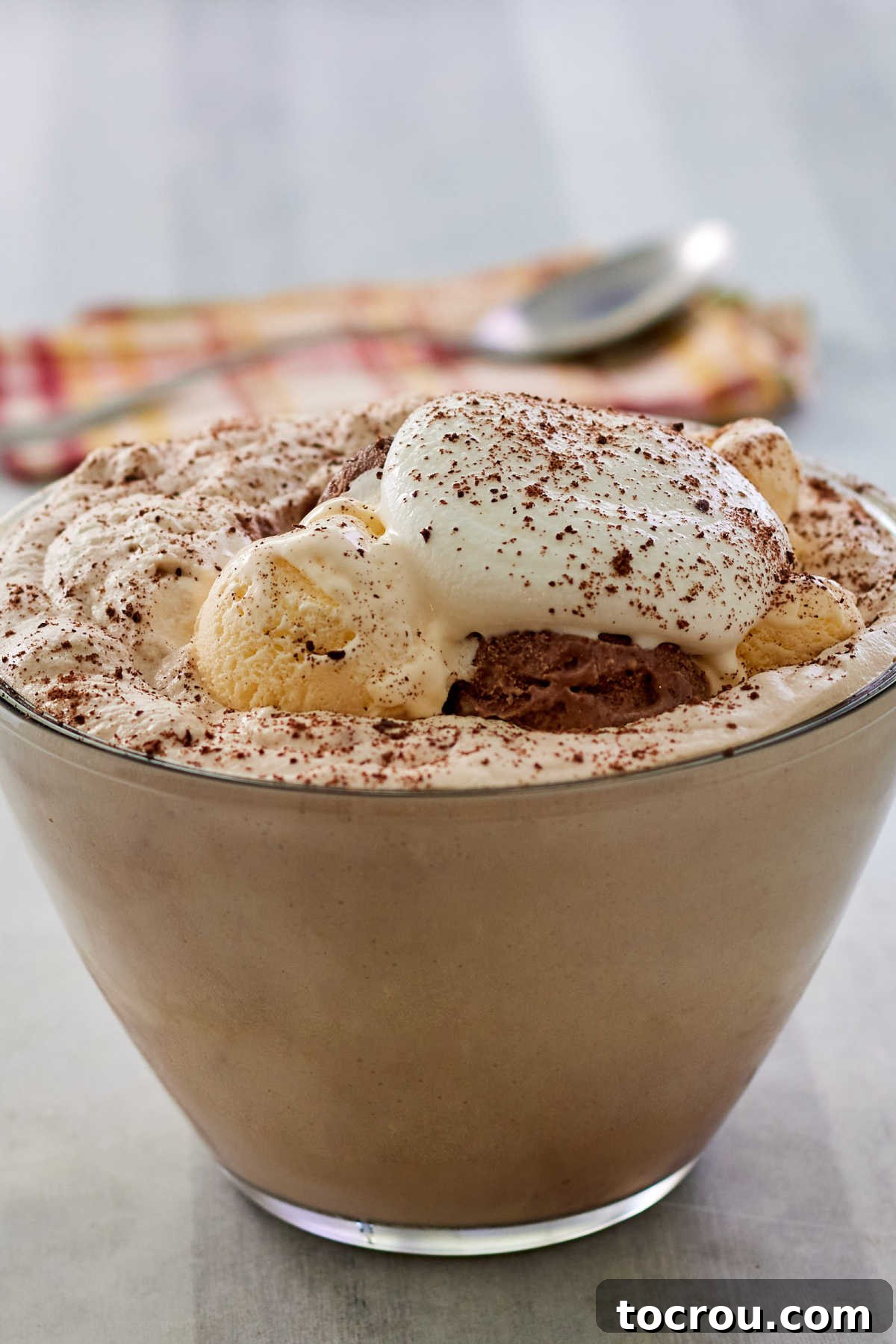 Close up of a glass of coffee punch showing the creamy consistency of the punch itself and all of the ice cream and whipped cream on top.