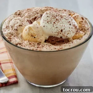 Close up of a glass punch glass filled with creamy coffee punch topped with ice cream, whipped cream, and chocolate shavings.