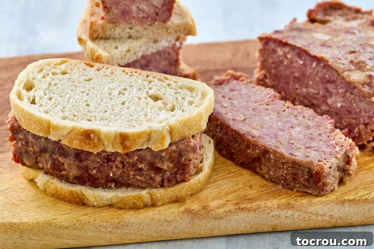 A delicious ham loaf sandwich next to freshly sliced ham loaf on a rustic wooden cutting board, highlighting its versatility as both a meal and a fantastic leftover for sandwiches.