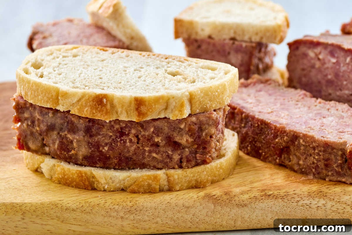 A delectable ham loaf sandwich positioned on a cutting board, with a sliced ham loaf in the background, showcasing the perfect meal and leftover potential.