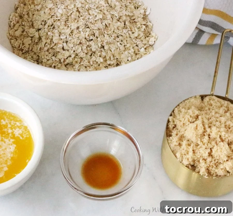 Ingredients for brown sugar oatmeal bars laid out on a counter, ready for mixing.