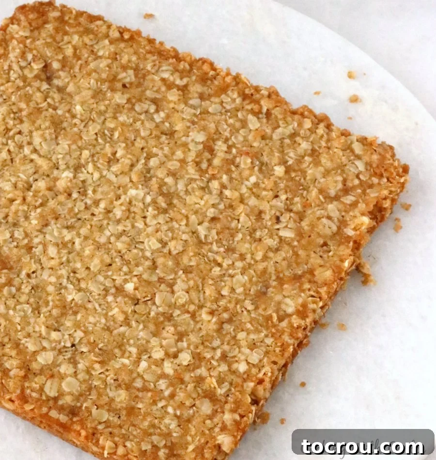 Baked oatmeal bars just removed from the pan and ready to be cut into individual servings.