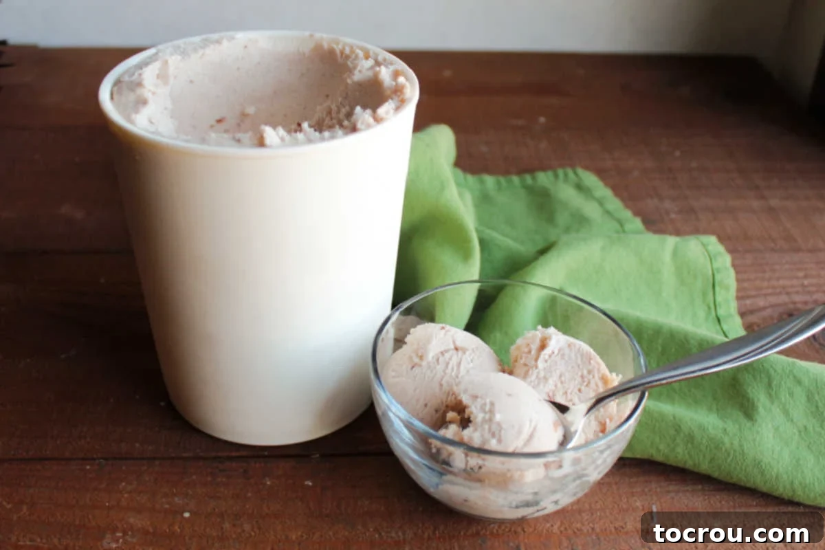 Storage container with frozen apple butter ice cream next to a serving of ice cream in a small bowl with a spoon, ready to eat.