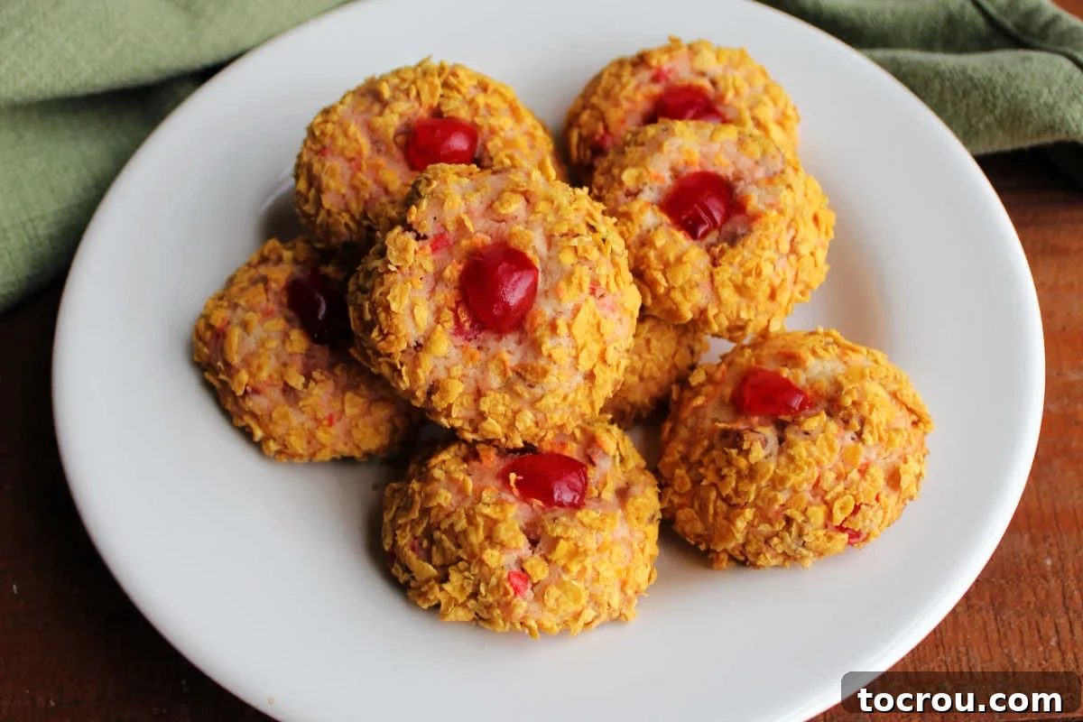 Close plate of old fashioned cherry winks cookies with bits of cornflakes on the outside and a cherry in the center. 