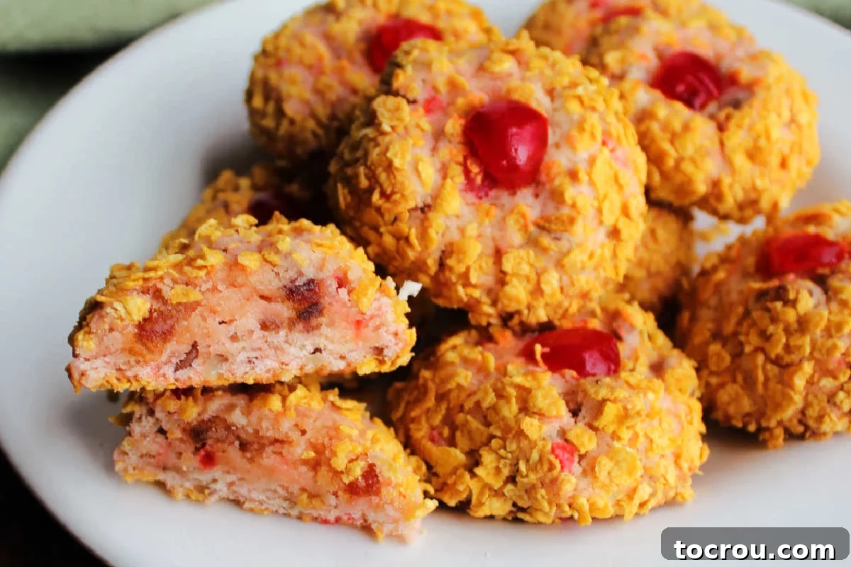 Half of a cherry winks cookie showing the bits of dates, cherries, and pecans inside. 