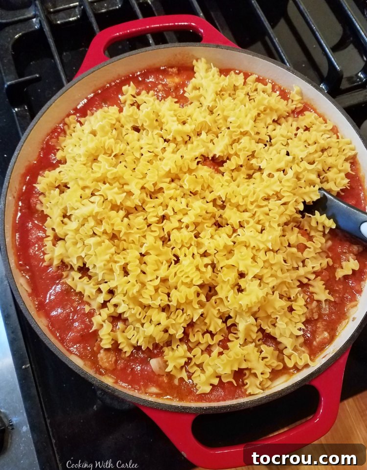 Skillet with tomato sauce on stove with raw pasta just added.