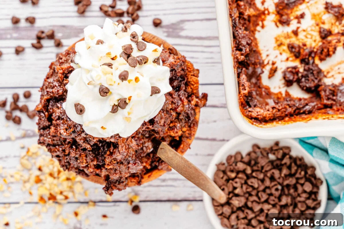 Effortless Chocolate Indulgence 2 Looking down on a serving of chocolate dump cake topped with whipped cream, chocolate chips, and chopped nuts next to the pan it was baked in.