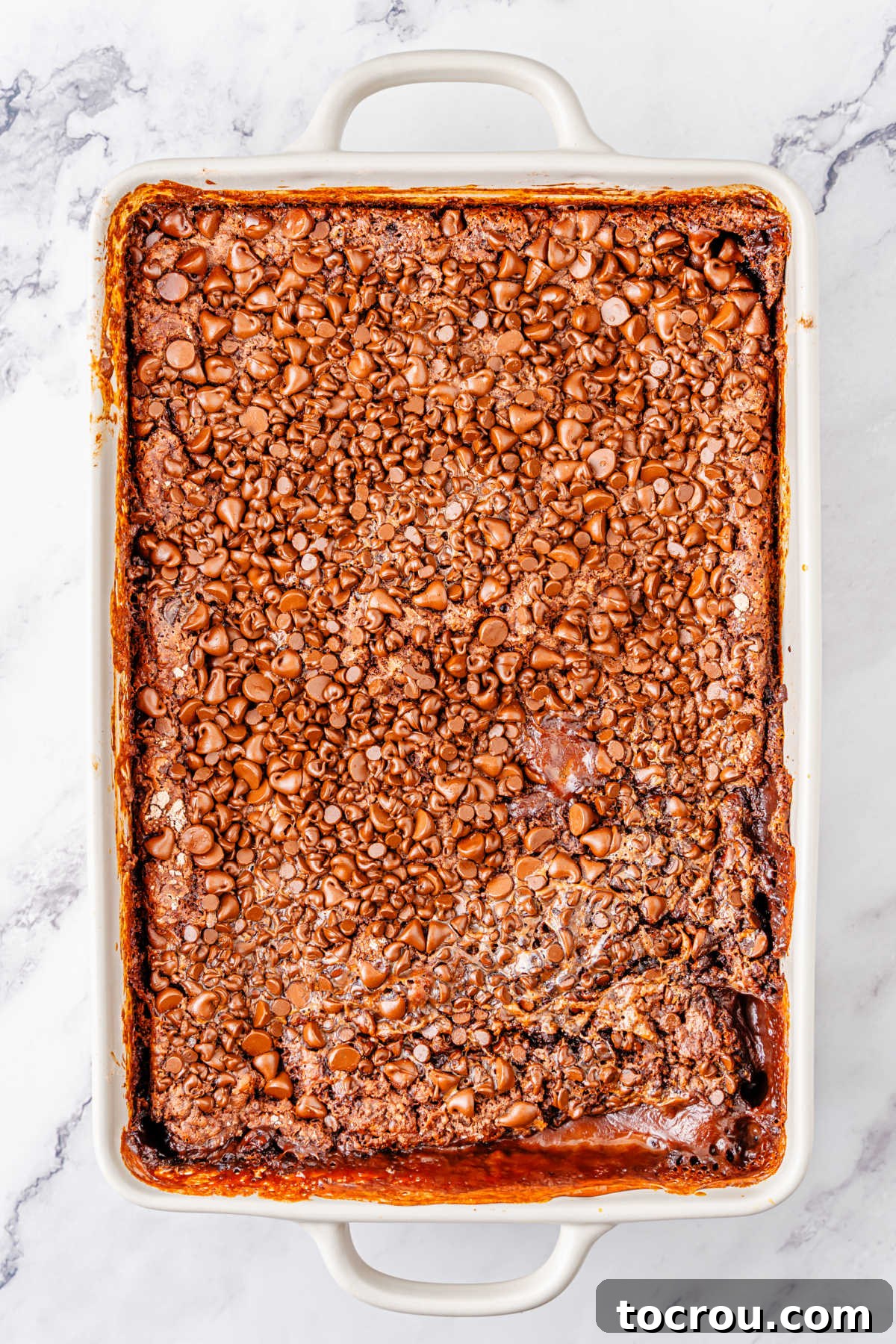 Effortless Chocolate Indulgence 5 Baked chocolate dump cake with gooey chocolate chips on top and fudgy cake layer underneath.