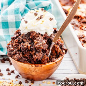 Small bowl piled high with fudgy chocolate dump cake showing gooey texture topped with whipped cream, chocolate chips and chopped nuts.
