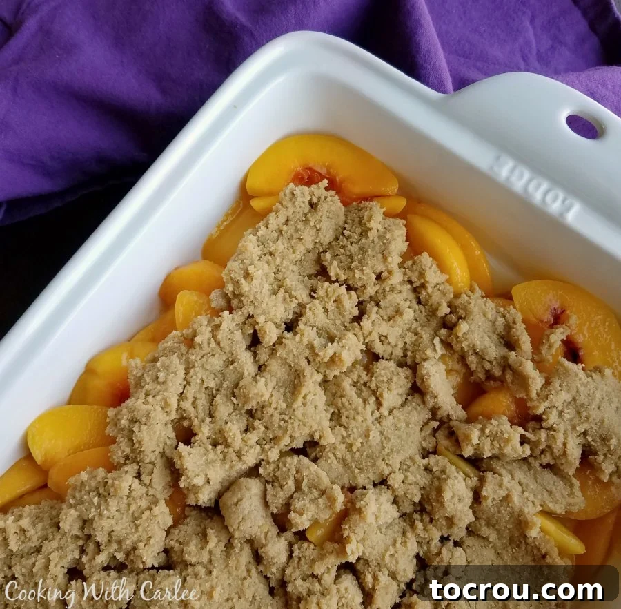 Cobbler Ready for Baking brown sugar cobbler mixture dotted over peaches ready to bake, showcasing the raw ingredients before cooking.