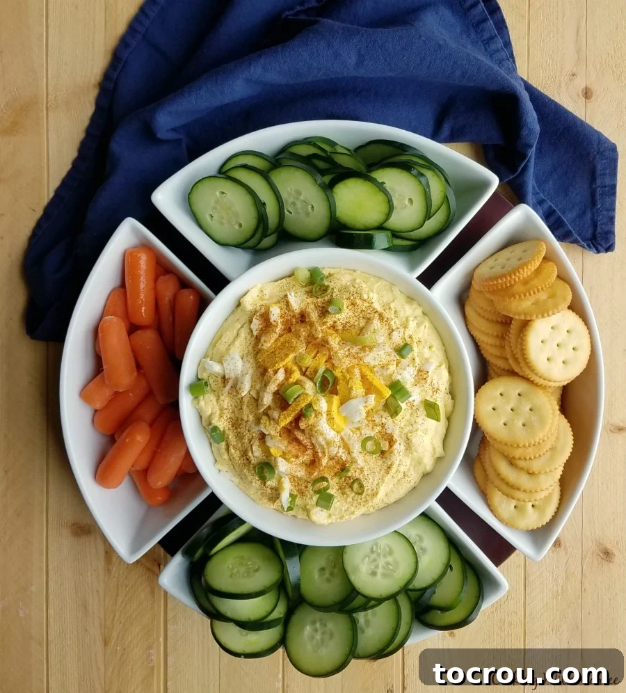 Bird's eye view of big serving dish with dip, veggies and crackers.