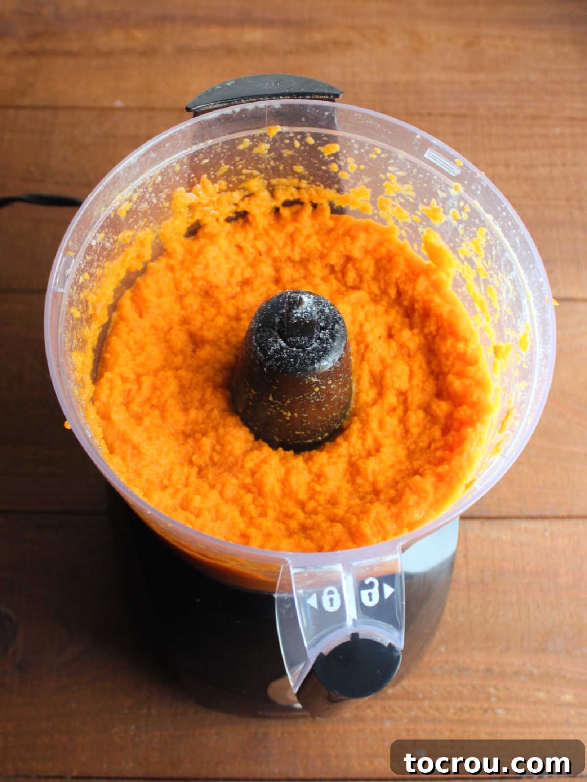 Spiced Carrot Pie with Crunchy Cinnamon Streusel 6 Food processor with pureed cooked carrots inside.