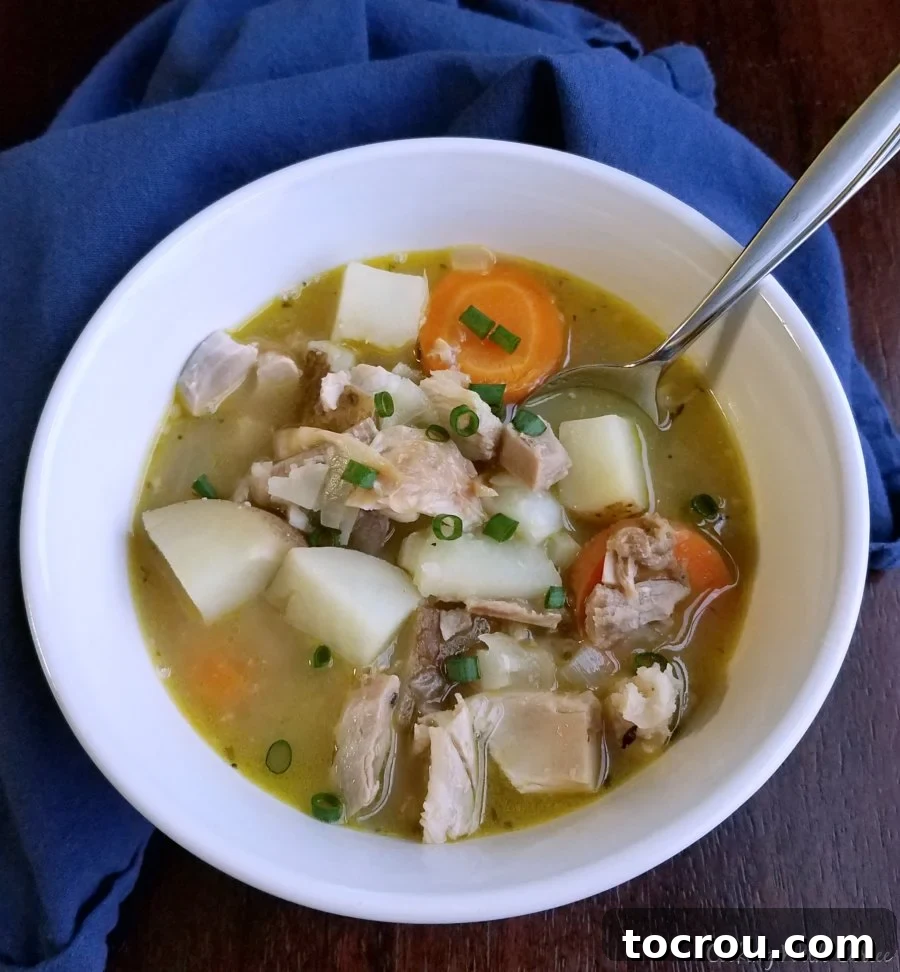 Bowl of chunky chicken stew featuring tender potatoes, carrots, and flavorful shredded chicken.