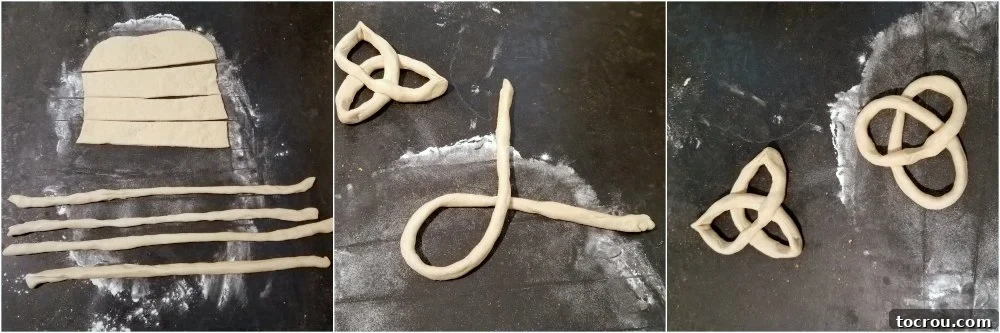 Collage of images showing how to form bread dough into Celtic knot rolls, from dough ropes to finished knot shapes.