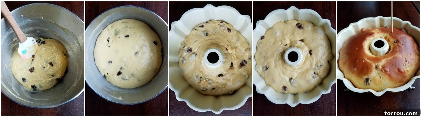 Collage of step by step shots of making babka dough, letting it rise and baking it.