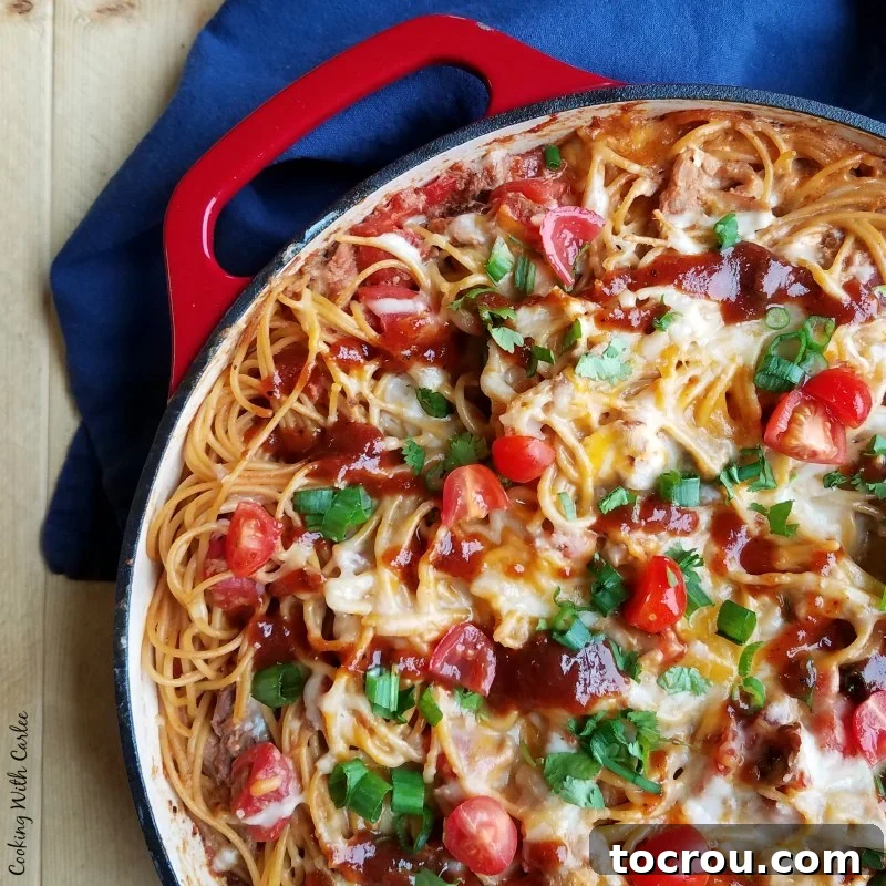 Velvety BBQ Pulled Pork Pasta 2 Pan filled with bbq pork spaghetti.