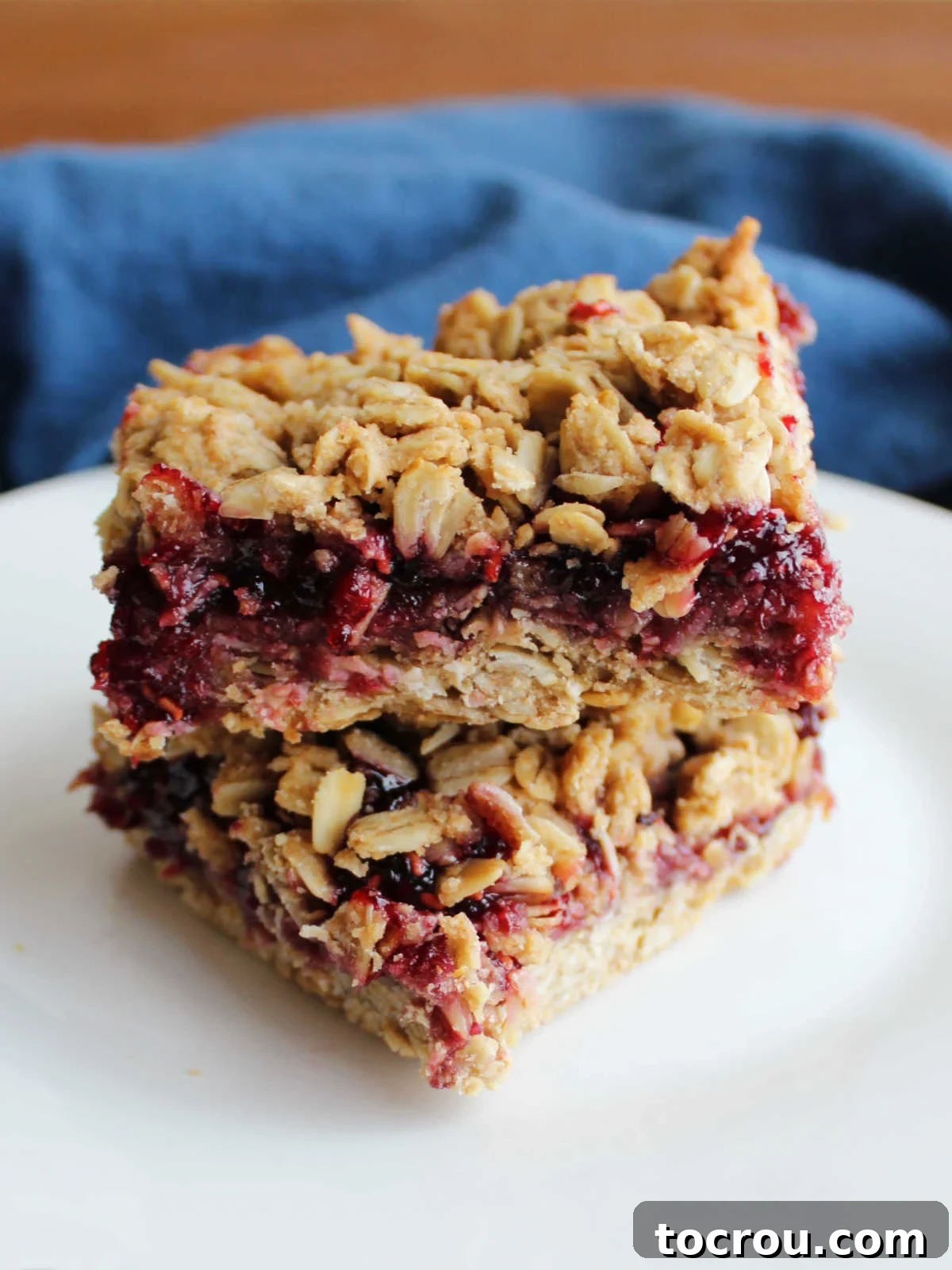 Baked and cooled sourdough breakfast bars, showcasing a rich raspberry preserve filling sandwiched between golden whole wheat and oat crusts.
