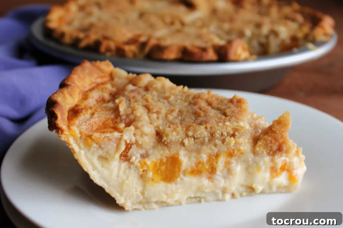 Delicious Peach Custard Pie Slice Close slice of peach custard pie showing flaky pastry crust filled with creamy custard, chunks of peach, and a buttery crumb topping, ready to eat.