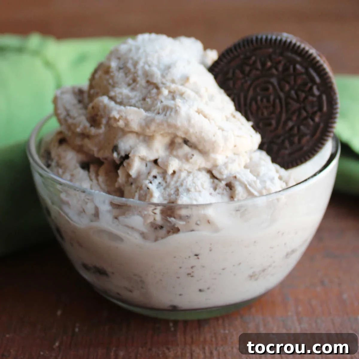 Vanilla Bean Dream with Chocolate Swirls 2 Small glass bowl filled with a couple of scoops of homemade cookies and cream ice cream garnished with an Oreo, ready to eat.