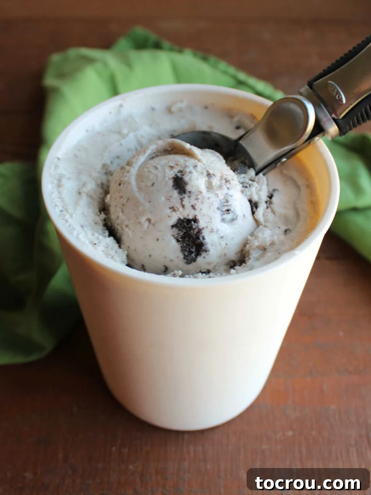 Vanilla Bean Dream with Chocolate Swirls 4 Ice cream scoop getting a ball of homemade cookies and cream ice cream out of storage container.