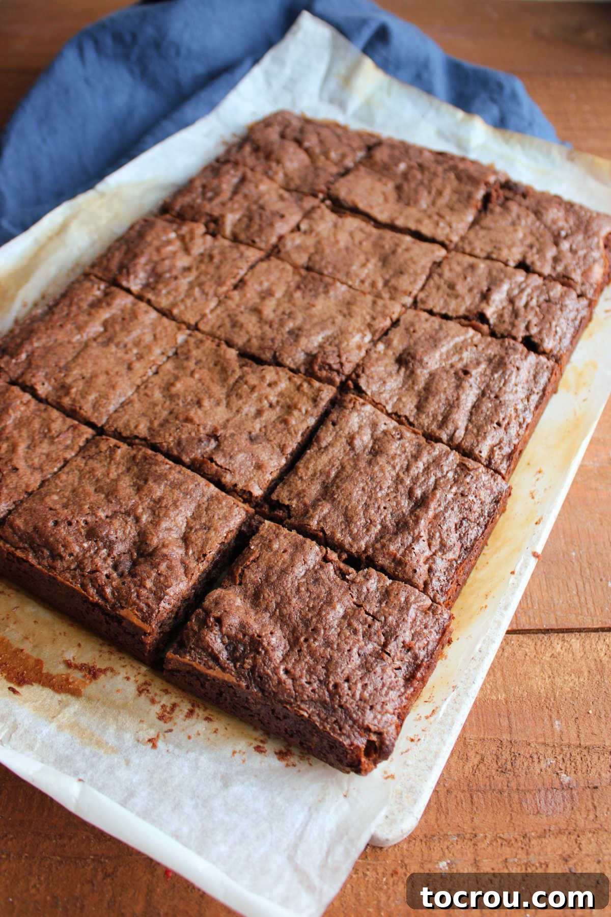 Baked and cooled sourdough brownies cut into squares, ready to eat. 