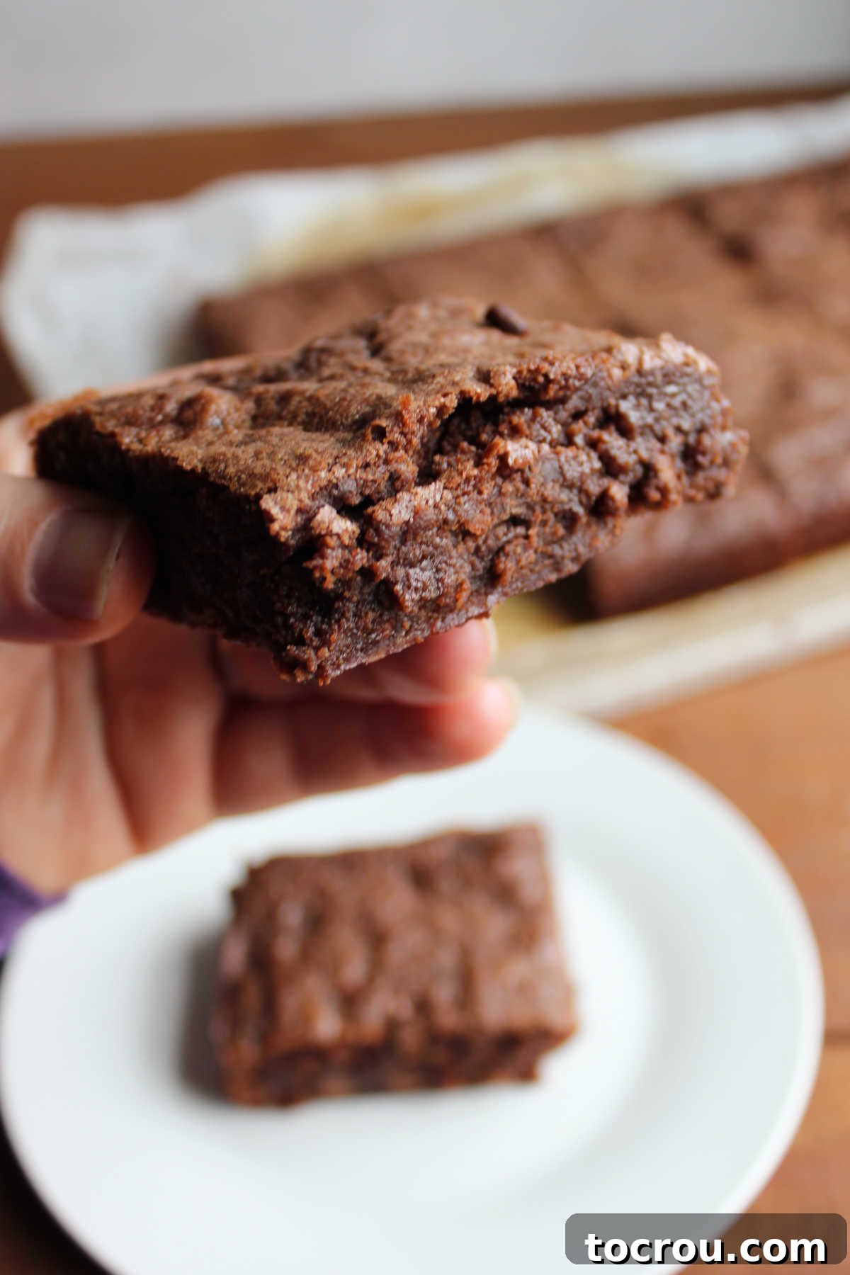 Hand holding a fudgy sourdough brownie.