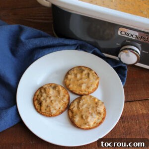 Plate with three crackers topped with cheesy sausage hanky panky dip next the to the crockpot it was cooked in.