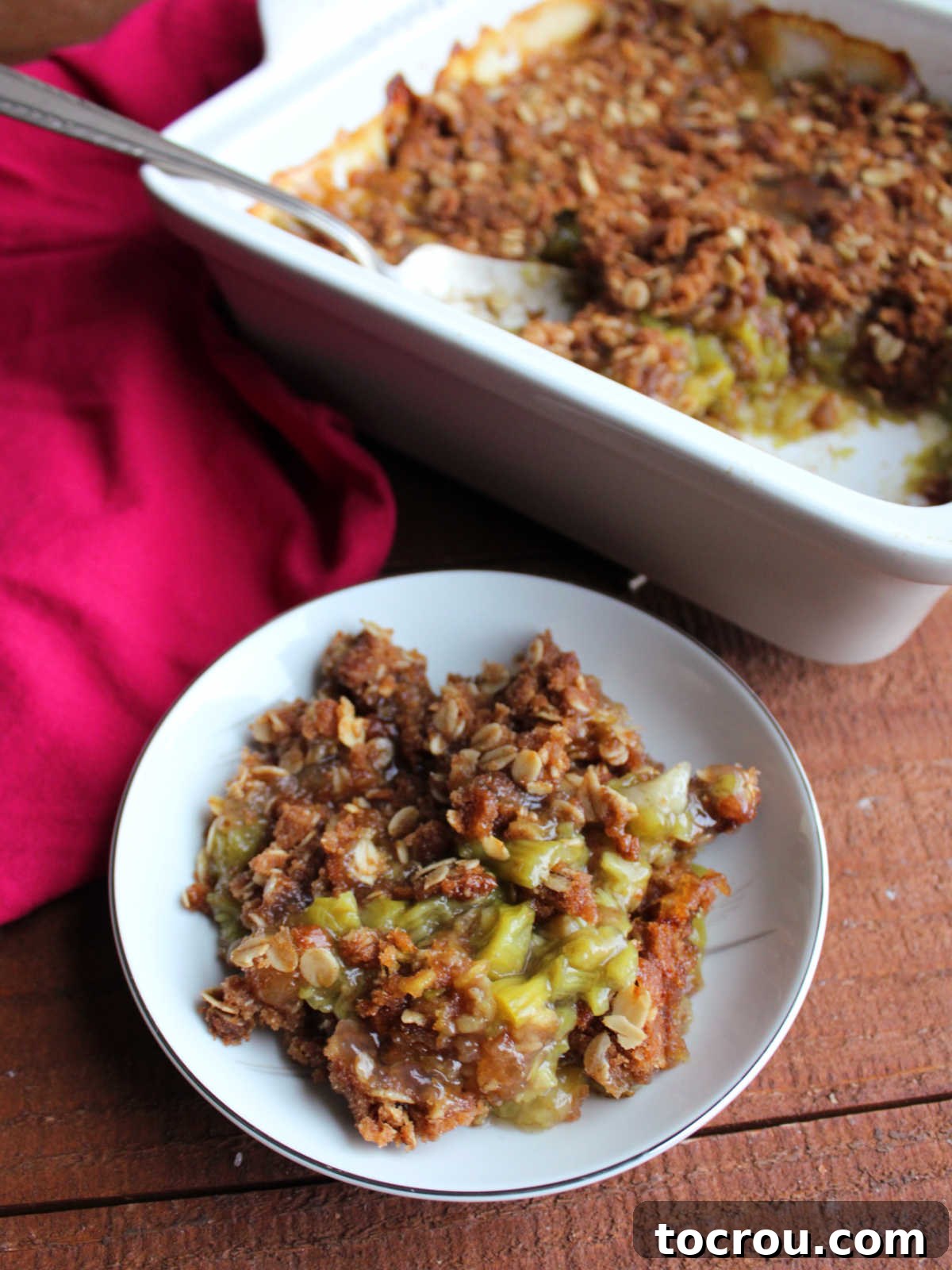 Serving of rhubarb crisp in bowl showing thickened green rhubarb filling and crisped brown sugar and oat topping. 