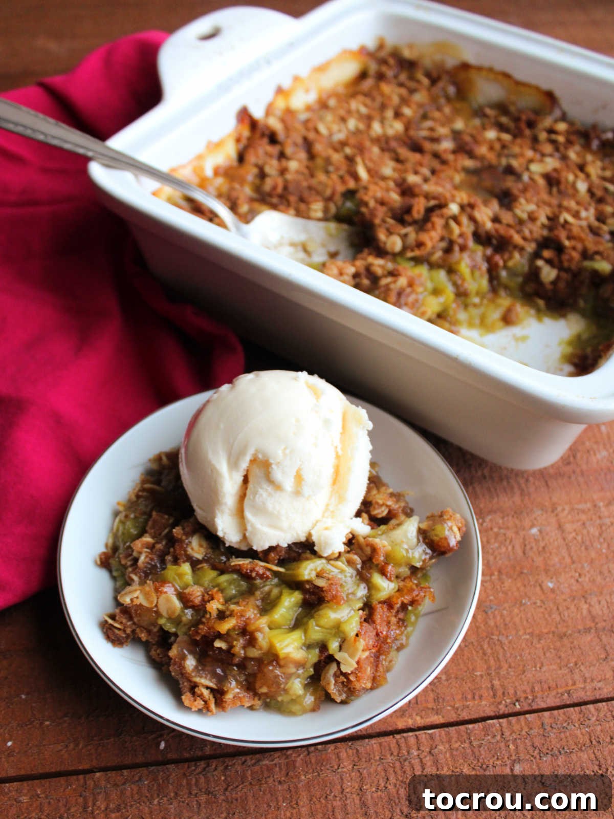 Serving of brown sugar oat rhubarb crisp in bowl topped with vanilla ice cream. 