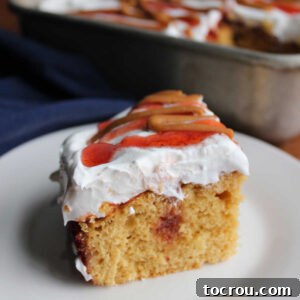 A delectable piece of peanut butter and jelly poke cake, featuring a rich peanut butter cake base, a visible tunnel of strawberry jelly, topped with a generous layer of whipped cream, and finished with a delicate drizzle of more peanut butter and jelly.