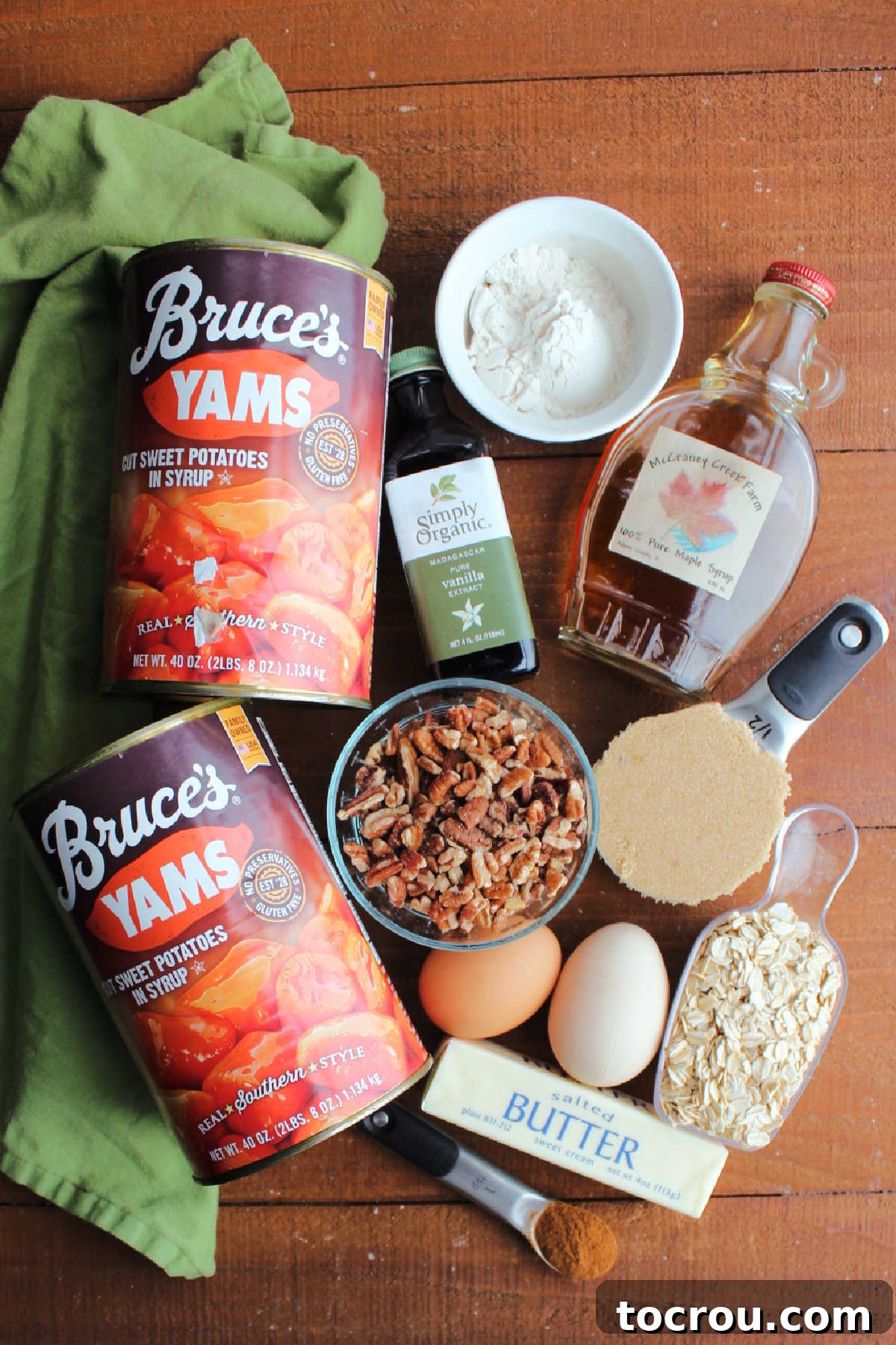 Ingredients ready to be made into an oatmeal and pecan topped sweet potato casserole.