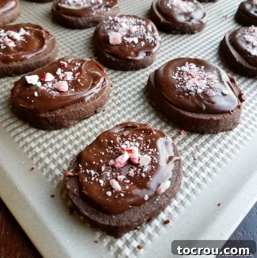 Mocha shortbread cookies adorned with chocolate frosting and crushed candy cane bits on a baking sheet.