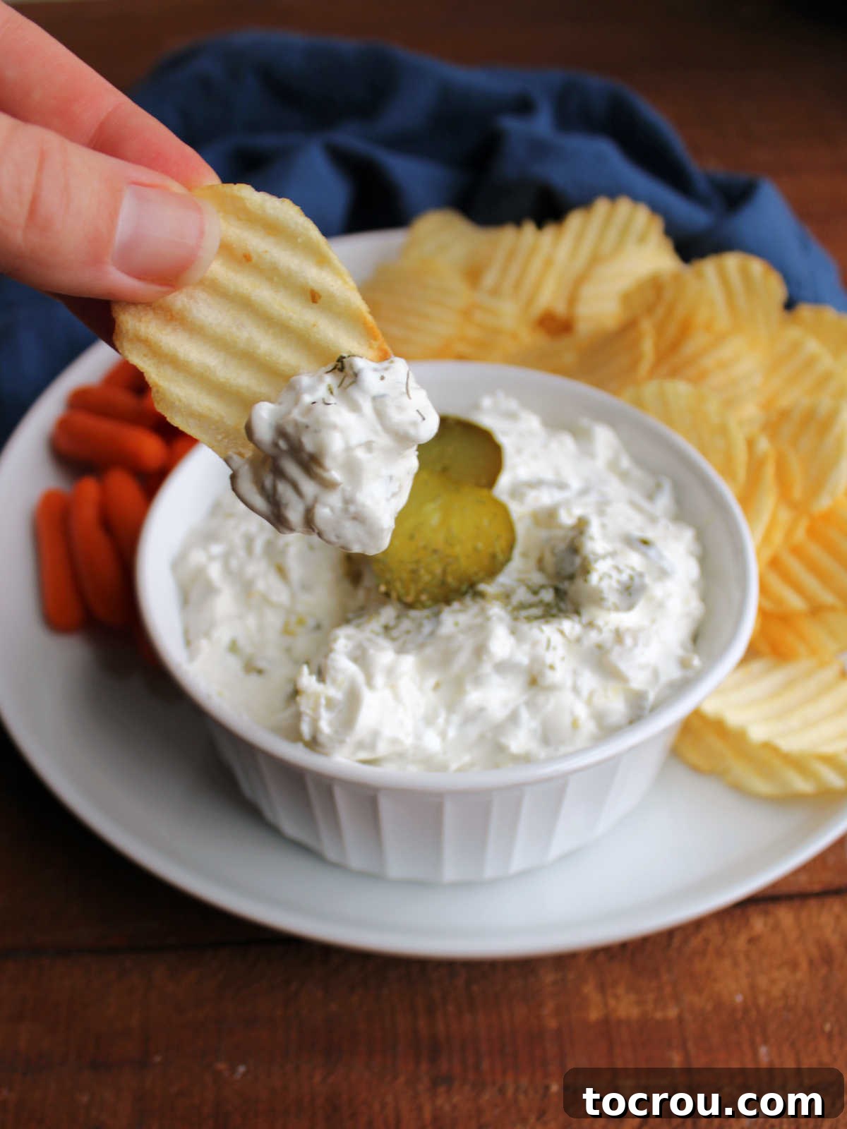 Creamy Dill Delight 6 Hand holding a chip with a dollop of creamy dill pickle dip on it, ready to eat.