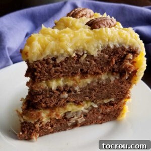 slice of three layer german chocolate cake with coconut frosting on dessert plate.