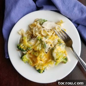 A dinner plate loaded with creamy pasta, tender chicken, and vibrant broccoli in a rich, cheesy casserole, with a fork poised for a delicious bite.