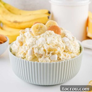 Bowl filled with banana pudding fluff salad with fresh bananas in a creamy pudding mixture with bits of vanilla wafers and marshmallows.