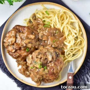 Dinner plate with turkey salsibury steaks and mushroom sauce served with egg noodles, ready to eat.