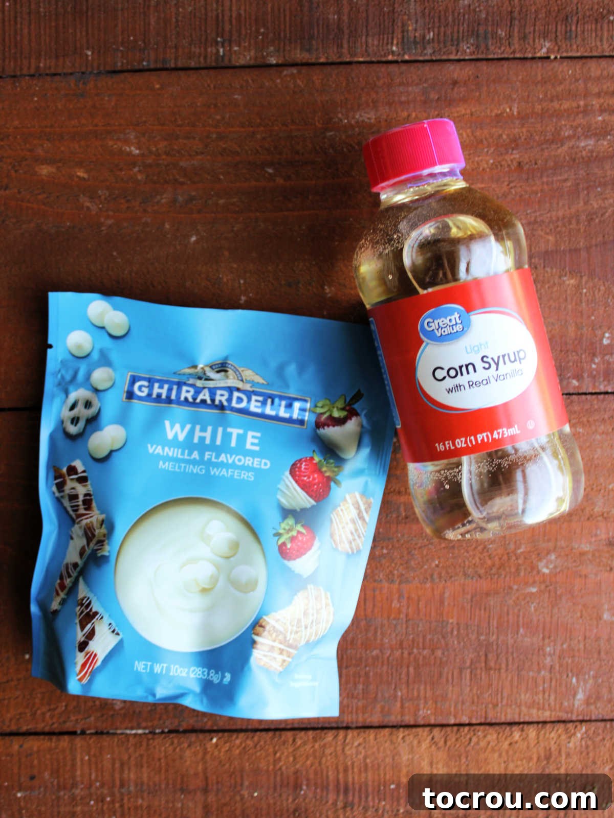 Ingredients for White Modeling Chocolate White melting wafers and light corn syrup read to be made into modeling chocolate.