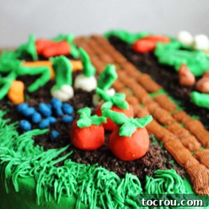 Modeling Chocolate Veggies on Cake Close up of veggies made from white modeling chocolate dyed different colors and shaped then placed on top of a cake.