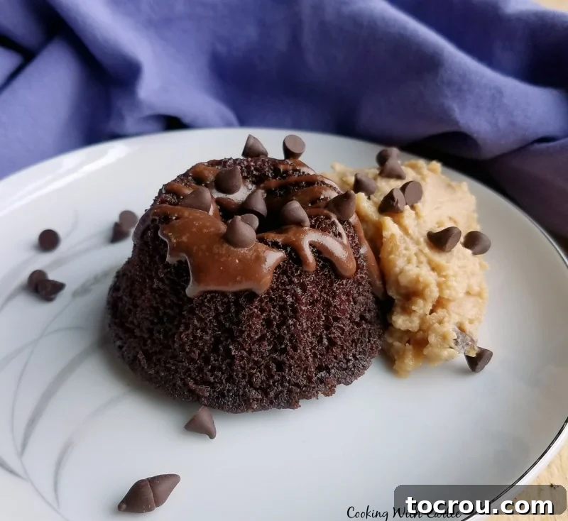 Mini chocolate bundt cake adorned with a rich chocolate drizzle, a sprinkle of mini chocolate chips, and a cloud of fluffy peanut butter whipped cream.